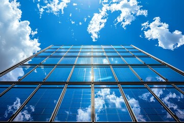 Close-up of building windows embedded with photovoltaic cells 