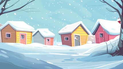 Fototapeta premium Illustration of a snowy winter village scene with colorful houses and bare trees under a light blue sky, perfect for festive themes.