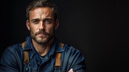 Obraz premium Portrait of a handsome young bearded caucasian man with blue eyes in denim apron over a black background.