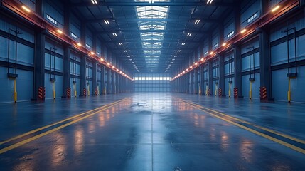Fototapeta premium Modern Industrial Warehouse Interior with Bright Lighting and Reflections on Floor