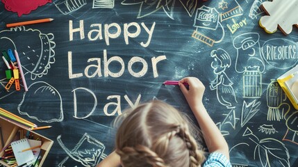 A young girl with braided hair is drawing on a chalkboard with colorful chalk. The central message on the chalkboard reads "Happy Labor Day" in large, neat letters. Around the primary message, there a