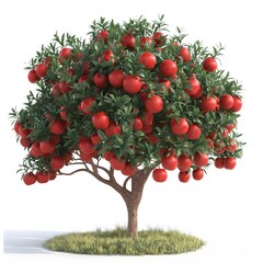 100. "A beautiful pomegranate tree with glossy leaves and bright red fruit, depicted in 3D on a white background."