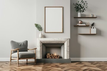 Empty fireplace in a cozy living room with wooden floor and picture frame shelf