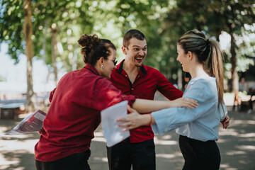 Three businesspeople meeting outdoors, showing joy and excitement as they embrace and celebrate. A moment capturing workplace camaraderie and teamwork.