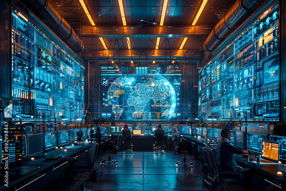 Poster interior shot of a smart grid control center, with operators managing and optimizing renewable energ