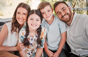 Smile, family and portrait in home with children and parents together with bonding, love and care...