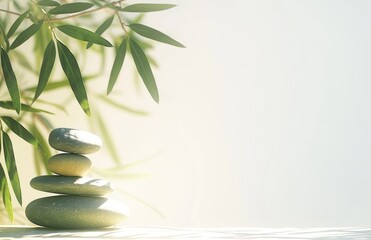 alanced Stones with Bamboo Leaves and Olive Tree Branches, Spa Background with White to Green Gradient, Blurred Light Reflection, and Bokeh Effect, Featuring Copy Space