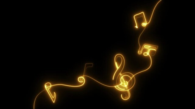 Musical notes. Music sheet. Line art. Musical symbols. Isolated on black background. Neon lines. Glowing music icons. Treble Clef. Music note. Music love. Melody, classical, sound design. Musical art