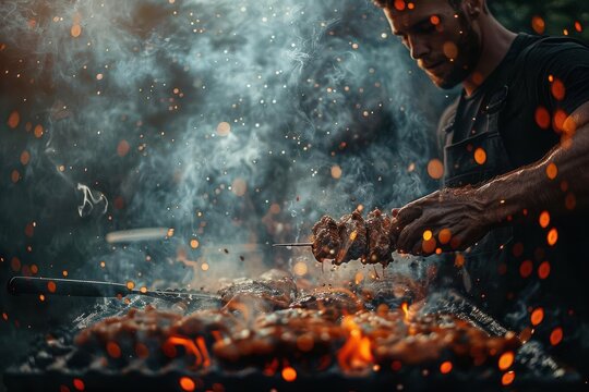 A man cooks meat on a grill with flames and smoke. He uses tongs to turn the meat over. The photo is taken from a low angle and shows the flames and smoke in the foreground.