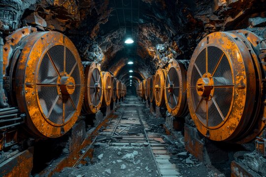 Shot of mine safety equipment like ventilation fans, gas detectors, and emergency shelters. 