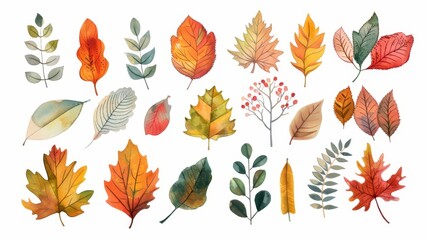 Autumn leaves set. Fall leaves. White background. Watercolor illustrations set