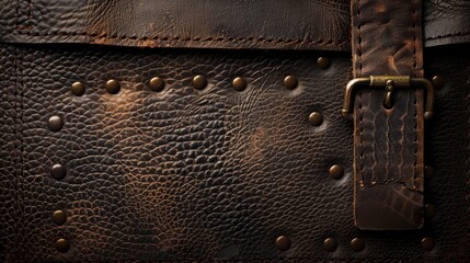 Cowhide textured leather background with bronze rivets and vintage tag in brown and black hues Template with space for text