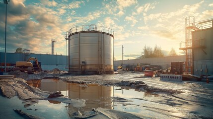 Obraz premium Industrial Site at Sunset with Reflections of Storage Tank in Water Puddles