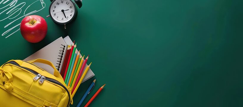 Back to school concept with a yellow backpack, books and an alarm clock on a green background with copy space area for text or message. The backpiece of the bag is filled with colorful pencils,  - Powered by Adobe