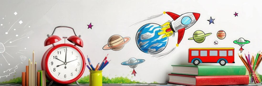 Back to school concept with alarm clock, books and pencil sketch on white background banner with copy space area for text or message. 