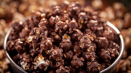 Obraz premium Close-up of Delicious Chocolate Coated Popcorn in a Bowl Against a Blurred Background