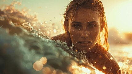 A woman surfs a wave, her face illuminated by the golden glow of the setting sun.  The spray of water creates a sense of energy and excitement.