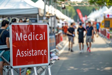 A clear sign stating "Medical Assistance" in clean serif font, positioned at a public event, indicating where first aid services are available 