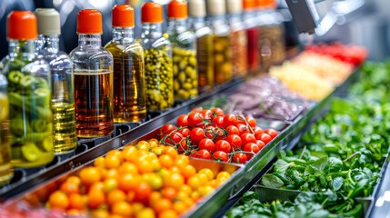 A contemporary salad dressing bottling line, featuring colorful, fresh ingredients being blended, with sleek glass bottles conveying a sense of quality 