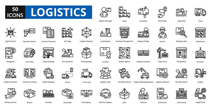 logistics icon set collection. truck, warehouse, container, forklift, supply chain, logistics manager, pallet, Parcel Box, route map, cargo ship