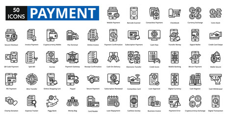 payment icon set collection. coins stack, Credit Card Swipe, wallet secure, Cash Withdrawal, digital transaction, mobile payment, barcode scanner, Contactless Payment, checkbook, currency exchange