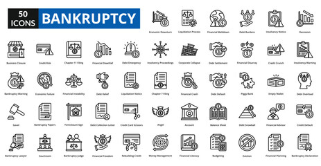 bankruptcy icon set collection. Recession, Insolvency Warning, Debt Overload, Credit Default, Bankruptcy Declaration, Economic Downturn, Liquidation Process, Financial Meltdown, Debt Burdens