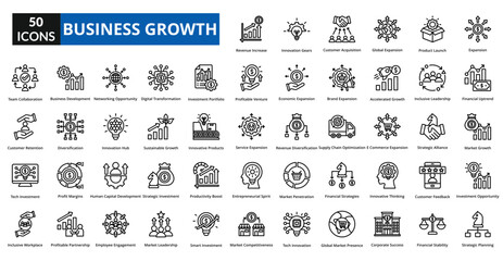Fototapeta premium business growth icon set collection. Expansion, Financial Uptrend, Market Growth, Investment Opportunity, Strategic Planning, Revenue Increase, customer Acquisition, Global Expansion, Product launch