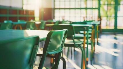 High school classroom with green desks and chairs, closeup, blurred background of the class room at high school, Back to School concept, copy space.