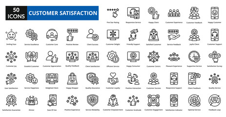customer satisfaction icon set collection. Happy Customer, Customer Support, Satisfaction Survey, Quality Service, Feedback Loop, Five Star Rating, Responsive Service, Customer Experience