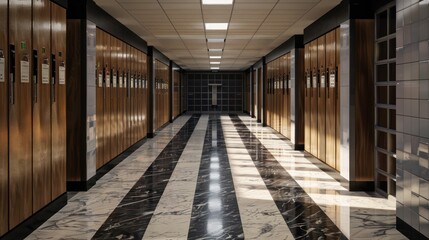 Obraz premium high school hallway with lockers and black striped marble floor, photo realistic
