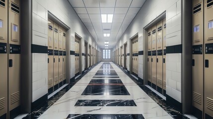 Obraz premium high school hallway with lockers and black striped marble floor, photo realistic