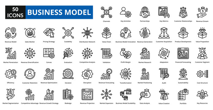 business model icon set collection. Revenue Stream, Value Proposition, Customer Segment, Cost Structure, Key Resources, Channels, Key Activities, Partnerships, Key Metrics, Customer Relationships