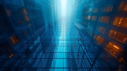  Picture of modern skyscrapers of a smart city, futuristic financial district with buildings and reflections , blue color background for corporate and business template with warm sun rays of light 