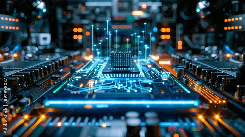 Poster holographic projection of a 3d microchip model in a futuristic lab