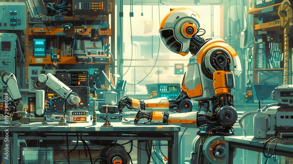 Poster a futuristic robot working in a high-tech lab, showcasing advanced technology and an innovative envi