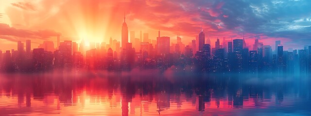 Fototapeta premium Picture of modern skyscrapers of a smart city, futuristic financial district with buildings and reflections , blue color background for corporate and business template with warm sun rays of light 