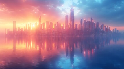  Picture of modern skyscrapers of a smart city, futuristic financial district with buildings and reflections , blue color background for corporate and business template with warm sun rays of light 