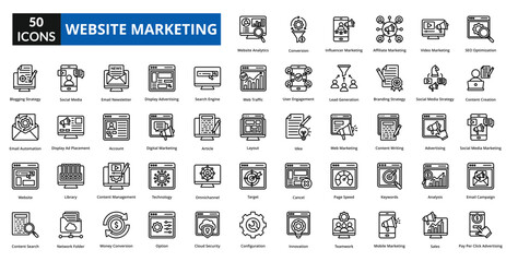 website marketing icon set collection. SEO Optimization,
Content Creation,
Social Media Marketing,
Email Campaign,
Pay Per Click Advertising,
Website Analytics,
Conversion Rate Optimization,