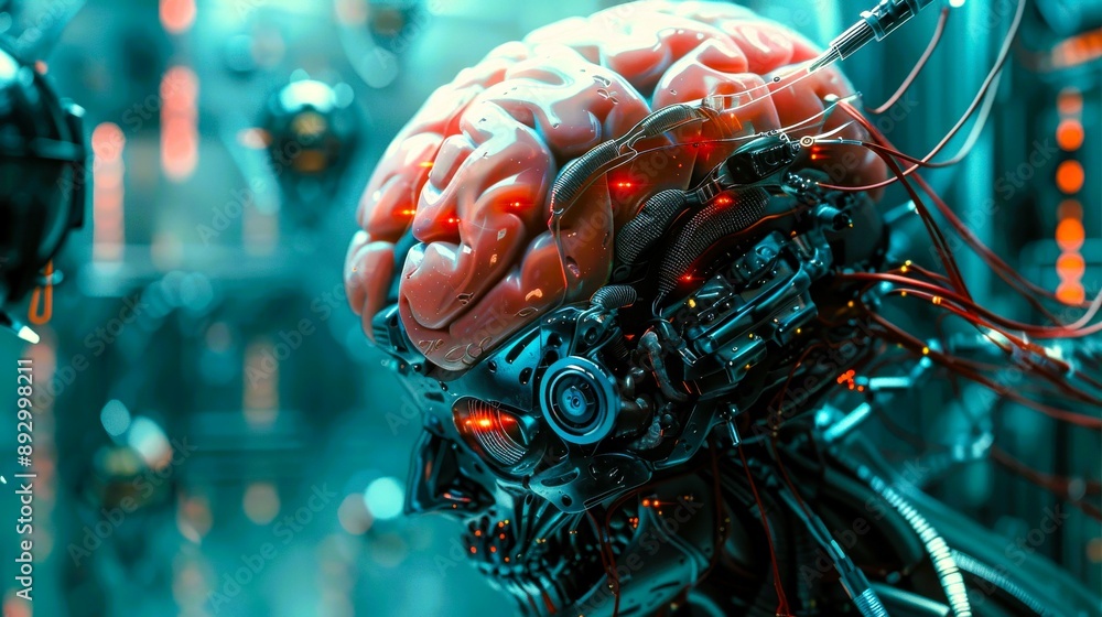 Poster futuristic robotic brain with intricate details and vibrant colors, representing advanced technology