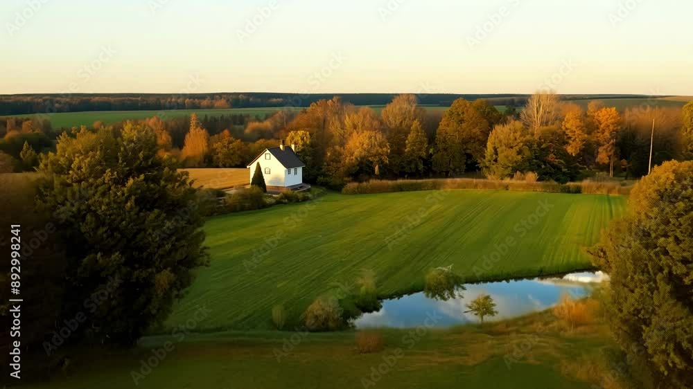 Poster a farmhouse with a pond and a row of trees in the background.