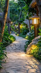 Garden path in resort with warm light and trees on side at evening, Garden Decoration.