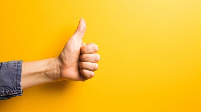 Positive online review concept image with a hand doing a thumbs-up
