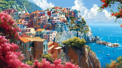 A picturesque cliffside village with terracotta-tiled roofs overlooking the sea, with colorful bougainvillea climbing the walls 