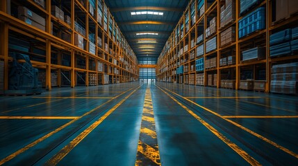 Obraz premium Wide-angle view of a modern warehouse aisle with shelves and boxes, illuminated by overhead lights