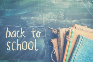vintage photo of books and pencils on a table with a blackboard background, with the written text "back to school" in white color
