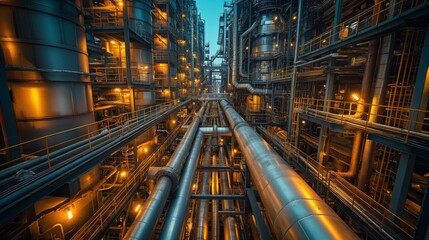 Fototapeta premium Industrial Facility with Complex Pipes and Glowing Lights at Dusk