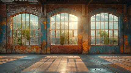 Fototapeta premium Sunlit Abandoned Warehouse with Large Windows, Trees Visible Outside in Morning Light