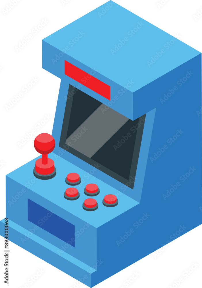 Poster blue retro arcade game machine displaying playing screen with joystick and round buttons