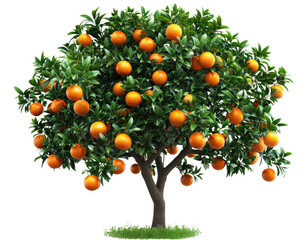 A detailed orange tree with many ripe oranges isolated in a transparent background. Cut out or PNG.