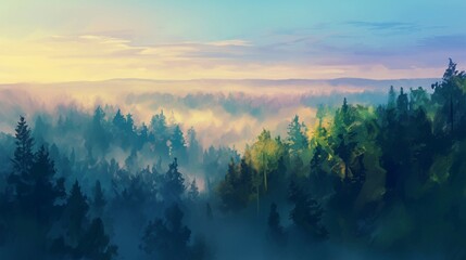 Obraz premium 霧がかかった森の風景、朝13